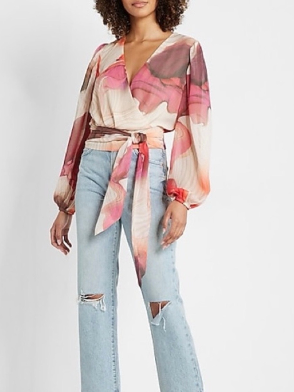 Express “Watercolor” Faux Wrap-Front Blouse - Picture 3 of 8